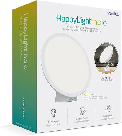 Verilux HappyLight Halo - Cordless LED Light Therapy Lamp with a 360° Magnetic Base & Rechargeable Battery for Portable, UV-Free, Full Spectrum 10,000 LUX Light with Adjustable Brightness and Color