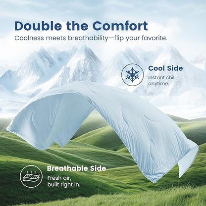 Cozy Bliss Deluxe Dual-Sided Cooling Comforter Queen Size, Ultra-Soft Lightweight Breathable Silky Cooling Blankets with Q-Max>0.45 for Bedroom, Hot Sleepers & Night Sweats, Cool Blue, 90"x90"