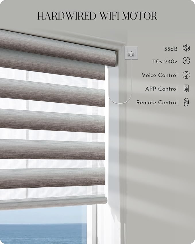 Graywind Motorized Blinds with Remote, Smart Zebra Shades for Windows, Hardwired Roller Blinds Compatible with Apple Homekit, Alexa, Google Home, Custom Size, Gradient Brown