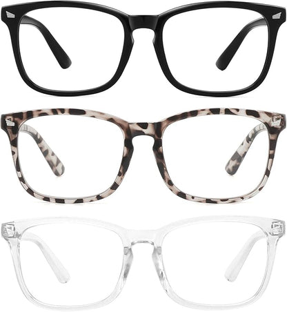 MEETSUN Blue Light Blocking Glasses, Anti Eye Strain Headache (Sleep Better),Computer Reading Glasses UV400 Transparent Lens (Black+Leopard+Clear, 53)