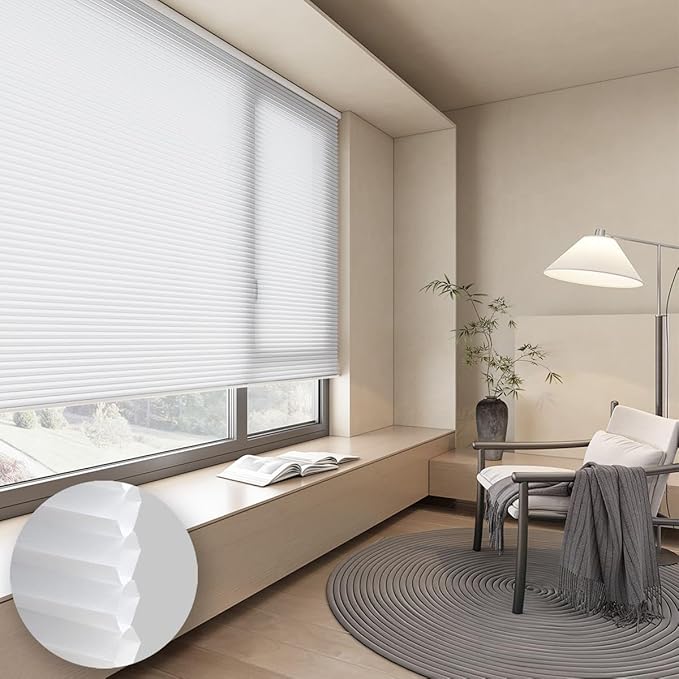 Cellular Shades Light Filtering Honeycomb Blinds for Indoor Windows, Cordless Cellular Shades 1.5 inch Cell Pleated for Bedroom Home Office, Custom Size, Half Shading Crystal White
