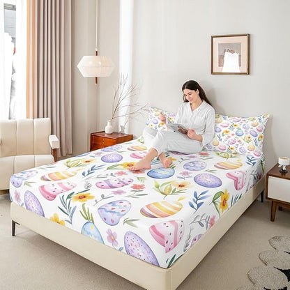 Easter Egg Fitted Sheet Full Size Spring Flower Floral Bedding Set for Kids Bedroom Happy Easter Rustic Bed Sheet Set 3pcs Purple Colorful Deep Pocket Mattress Cover,No Top Flat