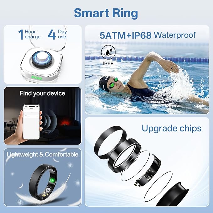 Smart Ring for Women Men, Health Fitness Tracker Ring with Heart Rate/Sleep Tracker/Blood Oxygen/HRV/Stress/Calorie/Steps, IP68 Waterproof for iOS & Android, No APP Fees(Black,6#)