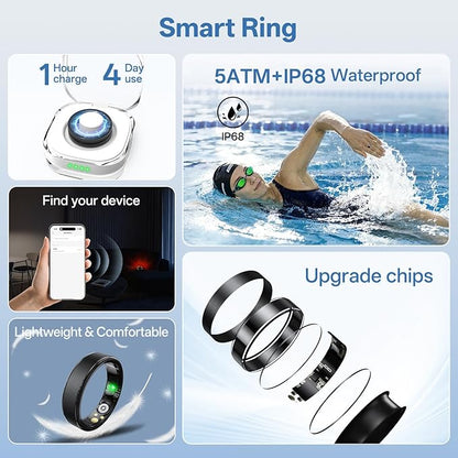 Smart Ring for Women Men, Health Fitness Tracker Ring with Heart Rate/Sleep Tracker/Blood Oxygen/HRV/Stress/Calorie/Steps, IP68 Waterproof for iOS & Android, No APP Fees(Black,9#)