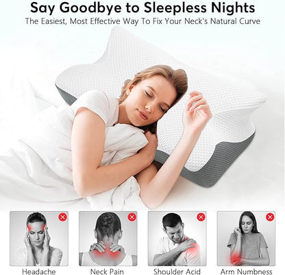 Anvo Cervical Neck Pillow for Neck and Shoulder Pain - Memory Foam Pillows for Pain Relief Sleeping, Contour Orthopedic for Side Back Stomach Sleeper, Grey