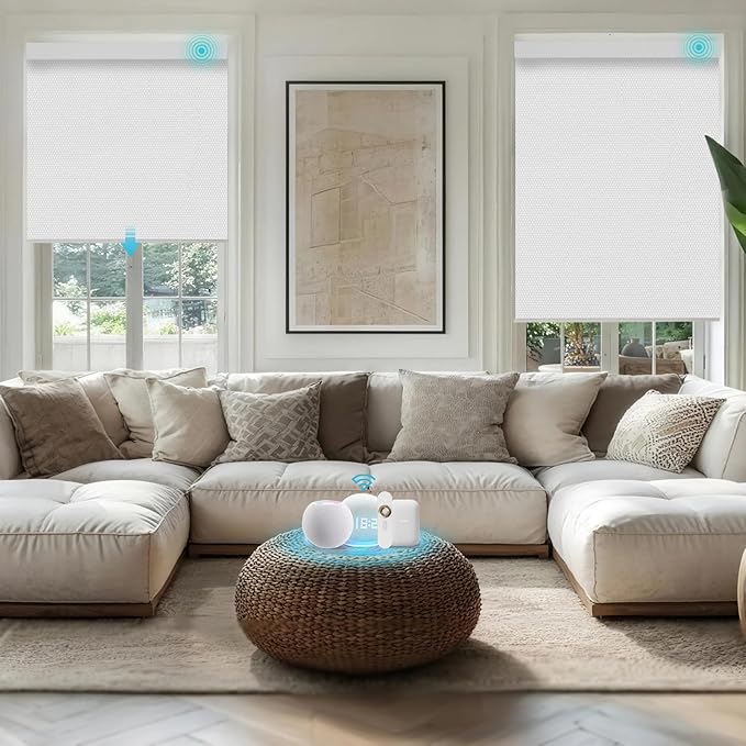 Motorized Blinds with Remote, Smart Blind Roller Shades Compatible with Alexa, Durable Rechargeable Battery Solar Power Electric Window Blinds Motorized Shades Customized Size (Pure White)