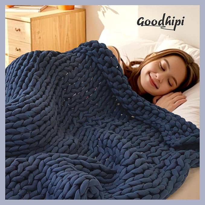 Hand-Knit Weighted Blanket for Adults, Chunky Knit Blanket, Cooling,Breathable,Sustainable,Machine Washable,Organic Cotton,Valentine's Day Birthday Gifts for Mom Women(Blue,40"*60",8lbs)