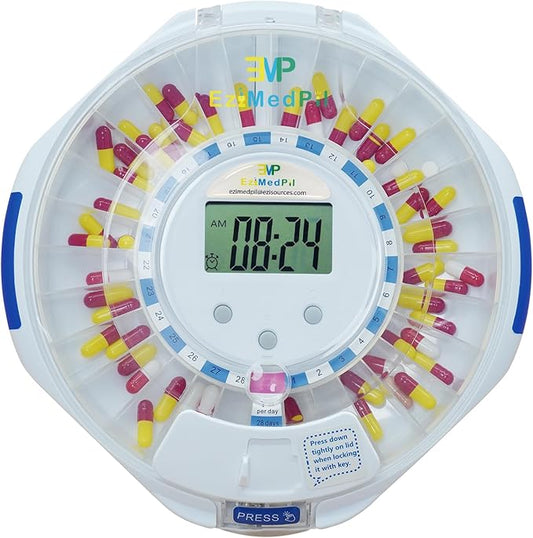 EziMedPil Automatic Pill Dispenser for Elderly & Alzheimer’s Care w/Audio & Visual Alerts, up to 6 Alarms/Day, Easy-Read LCD Display, 6 Dosage Templates, Lock Key for Vitamins, Clear Lid