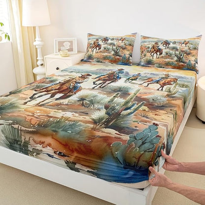 Manfei Western Cowboy Kids Sheet Queen Size,West Horse Desert Cactus Easy Wash Bedding Set,Vintage Tribal Retro Kids Room Decor,Yellow Green Sheet(Fitted+Flat+2 Pillowcases)
