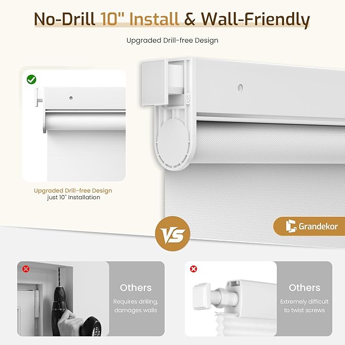 Grandekor No Drill Motorized Roller Blinds with Remote Control - White-Blackout 33.5 * 72 Motorized Blinds | Smart Electric Shades Compatible with App & Voice Control for Living Room