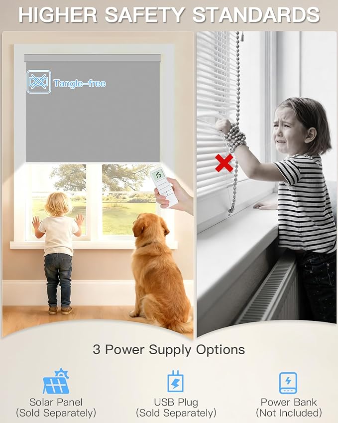 Motorized Roller Shade with Remote Control, Blackout Electric Shade for Windows Compatible with Alexa Google via Hub, Rechargeable Smart Window Blind Customized Size (Vinyl Dark Grey)