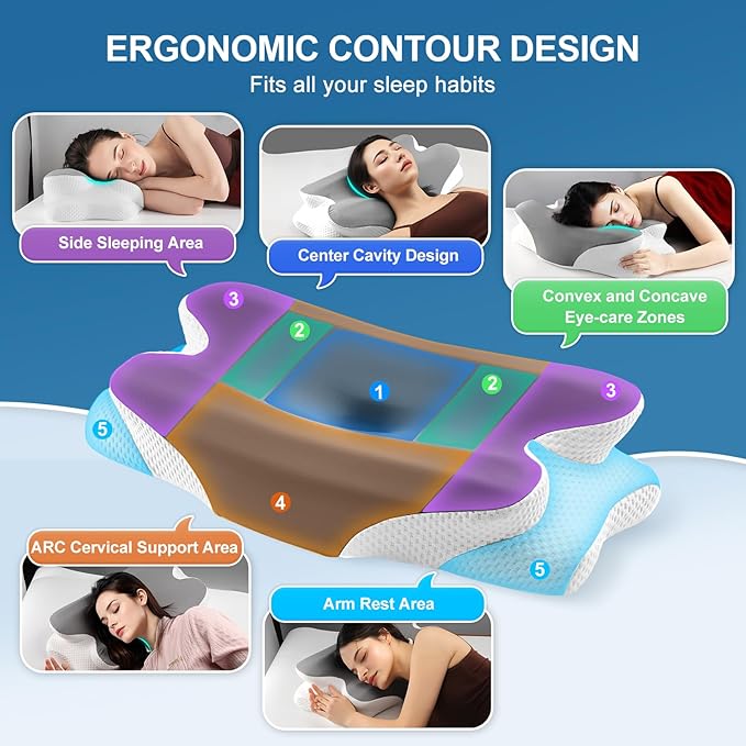 Cervical Pillow for Neck and Shoulder Relief, Cooling Memory Foam Pillow for Sleeping, Ergonomic Neck Support Pillow Contour Bed Pillow for Back Side Stomach Sleepers with Pillowcase