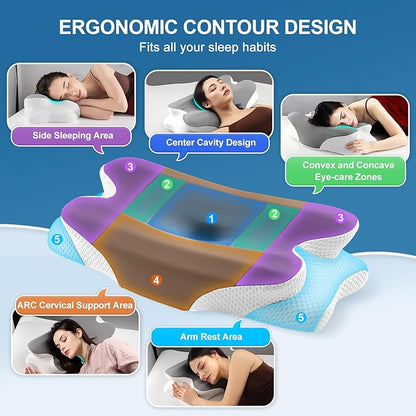 Cervical Pillow for Neck and Shoulder Relief, Cooling Memory Foam Pillow for Sleeping, Ergonomic Neck Support Pillow Contour Bed Pillow for Back Side Stomach Sleepers with Pillowcase