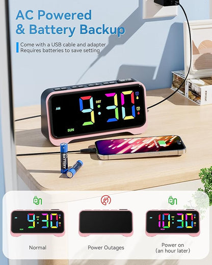 Kids Alarm Clock, Digital Alarm Clocks for Bedrooms, RGB Electric Desk Clock with Night Light, Dual Alarm, Adjustable Volume, Snooze, USB Charger, Dimmable Bedside Digital Clock for Teens, Girls