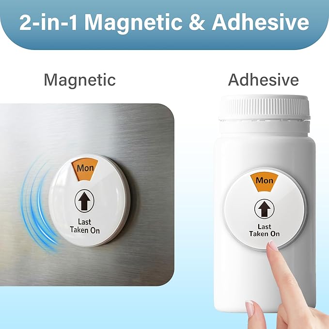 2 Pack 7-Day Pill Reminder Tracker 2-in-1 Magnetic & Adhesive – Stick to Plastic or Glass Bottles, or Attach Magnetically to Fridge/Metal Surfaces – Reusable for Medications, Vitamins, Pet Medicine