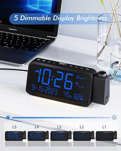 Roxicosly Projection Alarm Clock for Bedroom Ceiling, 118 dB Super Loud for Heavy Sleepers, 6.7" Large Digital Dimmable Display with Day Date Indoor Temp Humidity, Dual Alarms Adjustable Volume