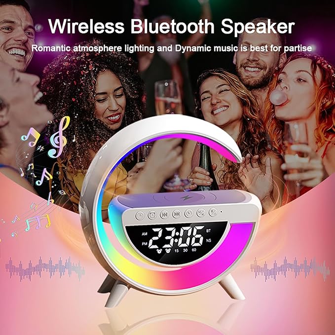 Wireless Charging Table Lamp, Multifunctional Bluetooth Speaker & Alarm Clock - LED Bedside Desk Lamp Night Light for Heavy Sleepers, Superfine Bedroom Home Decoration (White)