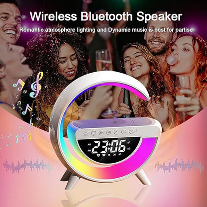 Wireless Charging Table Lamp, Multifunctional Bluetooth Speaker & Alarm Clock - LED Bedside Desk Lamp Night Light for Heavy Sleepers, Superfine Bedroom Home Decoration (White)