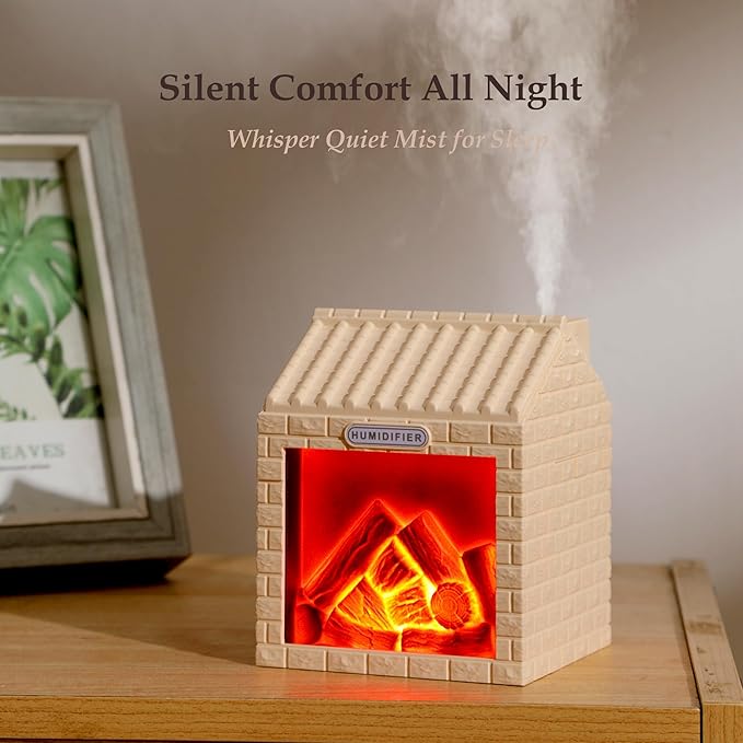 Mini Fireplace Cool Mist Humidifier with Flame Light, USB Powered, Auto Shut-Off, Portable for Bedroom Office Travel, 200ml, Beige
