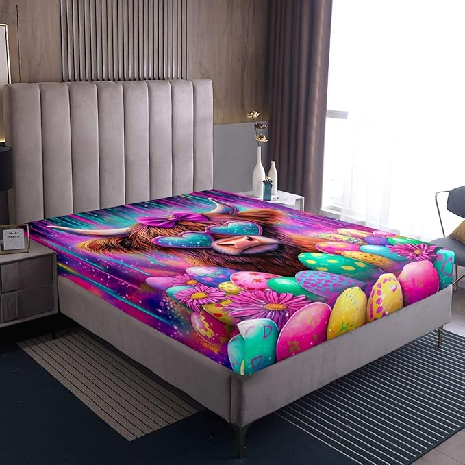 Highland Cow Bed Sheet Queen Size Happy Easter Eggs Cartoon Bedding Set Funny Animal Farmhouse Fitted Sheet Kids Boys Girls Room Decor Purple Colorful Soft Sheets with 2 Pillowcase,No Top Flat