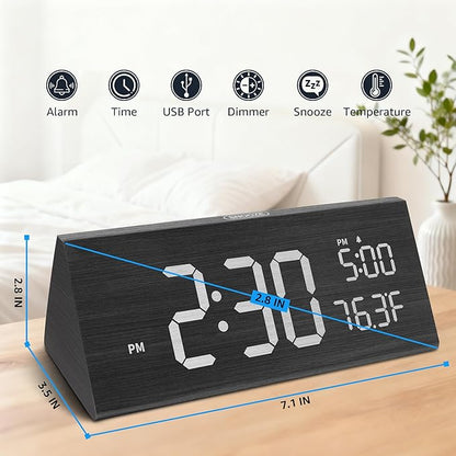OhM-ega Wooden Digital Alarm Clock, Electric Clocks with Dual USB Port, Large Numbers, Temperature Display, Brightness Dimmer, Sound-Activated Display, Snooze, 12/24H, Black