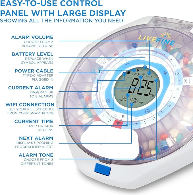 LiveFine WiFi Automatic Pill Dispenser and Remote Medication Monitoring System with Locking Key, 28-Day Medication Organizer Up To 9 Doses Per, Adjustable Light/Sound Alarms For Prescriptions & Vitami
