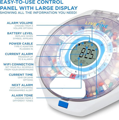 LiveFine WiFi Automatic Pill Dispenser and Remote Medication Monitoring System with Locking Key, 28-Day Medication Organizer Up To 9 Doses Per, Adjustable Light/Sound Alarms For Prescriptions & Vitami