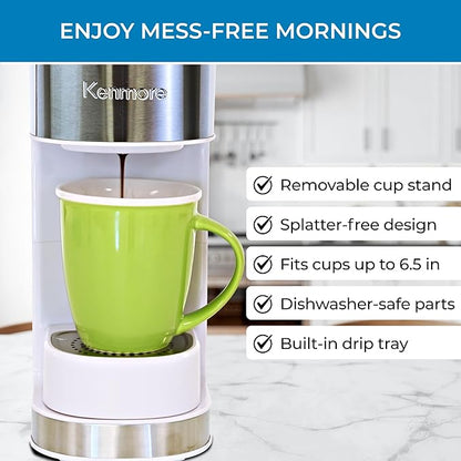 Kenmore Single Serve Coffee Maker – Compatible with Keurig K‑Cup Pods & Ground Coffee, One Cup Brewer, 6–14 Oz Brew Sizes, Travel Mug Friendly, Auto Shut‑Off, Hot & Iced Maquina de cafe, White