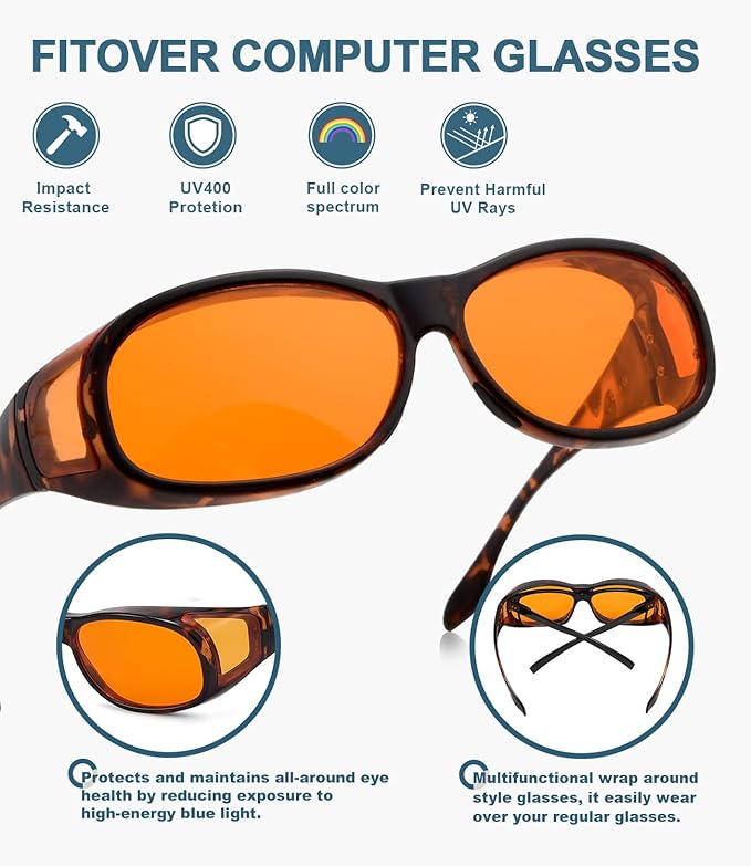 BLUELESS Fitover Blue Light Blocking Computer Glasses with Orange Tinted Sleep Glasses, Tortoise