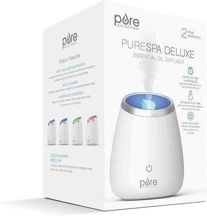 Pure Enrichment PureSpa Deluxe Ultrasonic Aromatherapy Oil Diffuser - 120ml Water Tank, Mood-Boosting Ionizer and Optional Color-Changing Light - Lasts Up to 10 Hours with Auto Safety Shut-Off