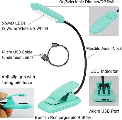 BIGMONAT Rechargeable Book Reading Light, Portable Bendable Neck, Brightness Adjustable with Eye Care Reading, Warm & White LEDs, Perfect for Kids, Bed Headboard & Travel (Blue, 1Pack)