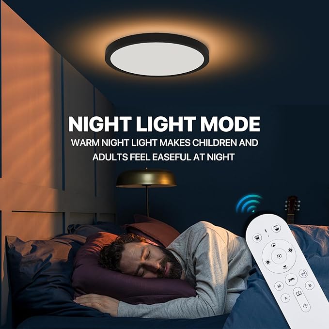 Dimmable LED Flush Mount Ceiling Light Fixture with Remote Control, 24W 2400LM, 12Inch, 2000K Warm Night Light & 3000K-6500K, Modern Super Slim Ceiling Lamp for Bedroom Kitchen, Black, 1 Pack
