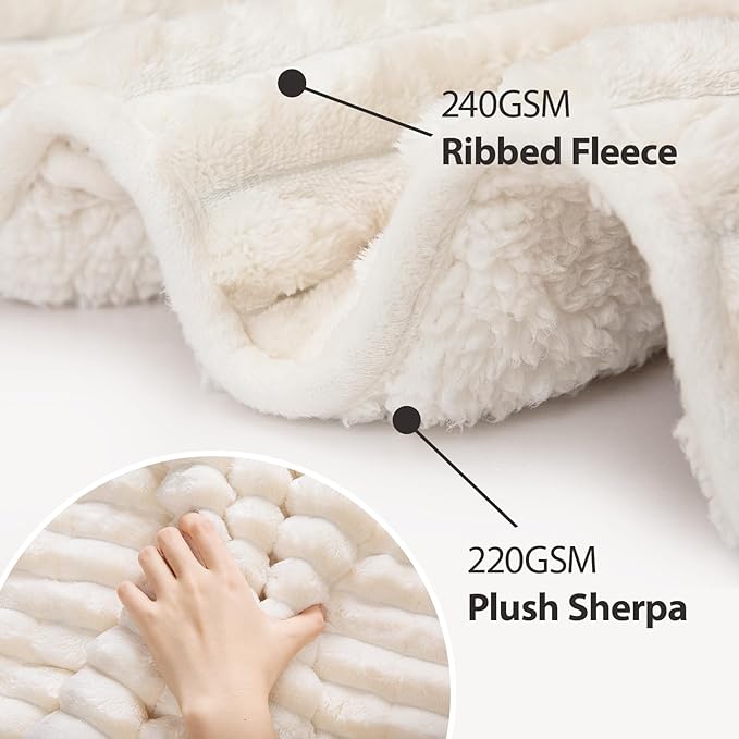 Sherpa Fleece Weighted Blanket with 3D Ribbed Stripes, 15 lbs Soft Flannel Heavy Throw Blanket for Couch Full Size Bed, Heavy Thick Blankets with Glass Beads, Great for Deep Sleep, 60" x 80"