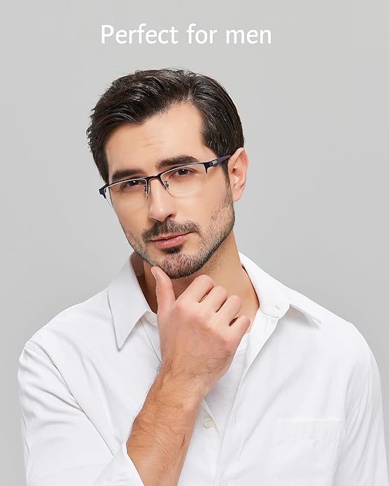 ANRRI Blue Light Glasses for Men Semi Rimless Rectangle Metal Frame UV Blocking Computer Glasses