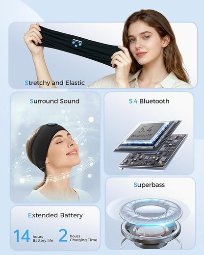 Sleep Headphone Bluetooth 5.4 Headband, Wireless Earphones Sweat Resistant with Ultra-Thin HD Stereo Speakers, Soft & Breathable Headband for Side Sleepers, Workout, Meditation, Travel