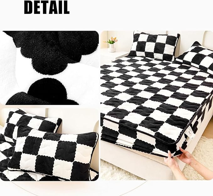 Milk Velvet Checkered Bedding Mattress Cover, Super Soft Elastic Bed Sheets with Pillowcase - Washable 12'' Deep Pocket Mattress Pad
