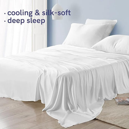 YnM Cooling Bed Sheet Set with 100 Percent Rayon Derived from Bamboo, 400TC Fabric with 2 Pillowcases and Flat Sheet, Deep Pocket Fit 19'', Silky-Soft & Sweat Wicking, 4 Piece (King, White)