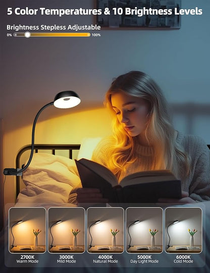 Clip on Desk Lamp 10-Level Dimming & 5 Color Modes Reading Book Light, Flexible Gooseneck Reading Light for Beds, Desks, Headboards - Eye-Friendly Night Light Clip on Light for Bed Bedside (Black)