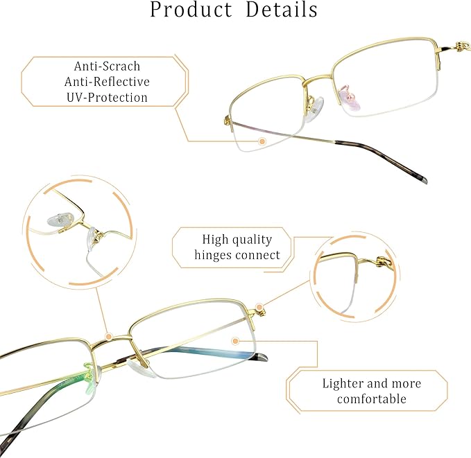 LifeArt Alloy Semi-Rimless Reading Glasses,Blue Light Blocking Glasses, Anti Eyestrain, Computer Gaming Glasses, TV Glasses for Women Men, Anti Glare (Golden, +2.25 Magnification)