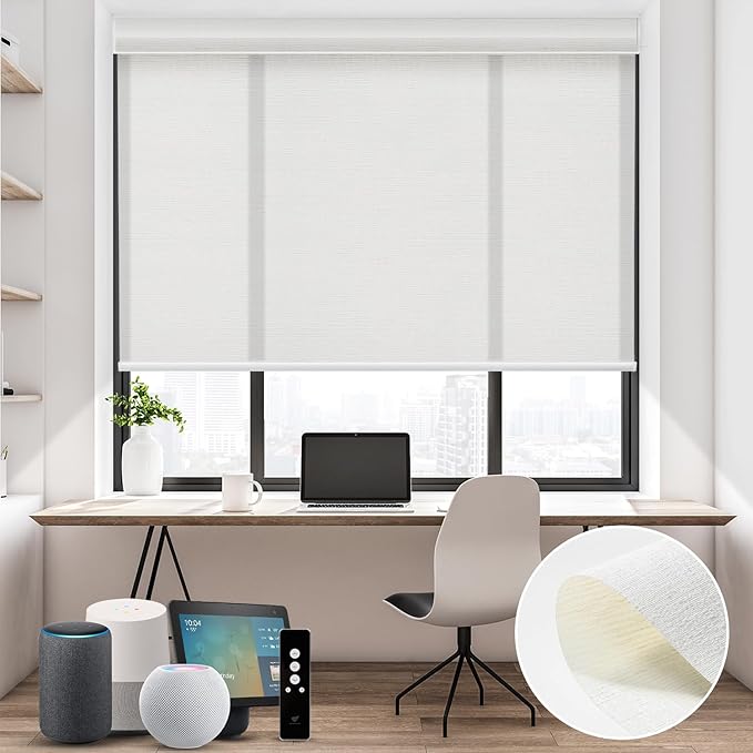 SmartWings Motorized Light Filtering Shades, 70% Blackout, Custom Size, Rechargeable Battery, Works with Matter/Apple HomeKit, Alexa, Thread/Zigbee, Remote Optional, 70% Safari Ivory