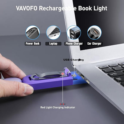 VAVOFO USB Rechargeable Book Light, Blue Light Blocking, Amber Light Clip On Bookmark Shaped Reading Light, Eye Care 6 LEDs Book Light for Bookworms Reading in Bed (Dark Purple)