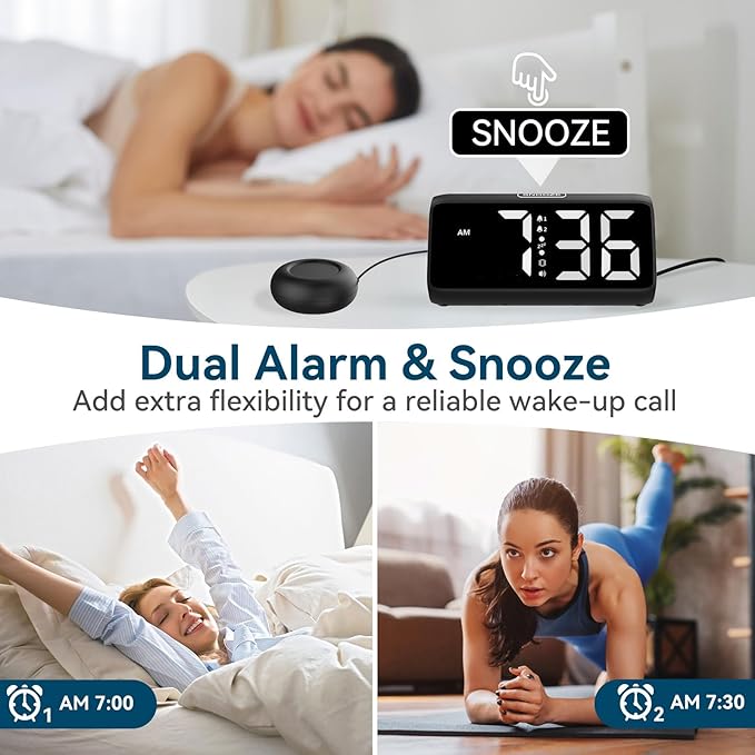 Netzu Loud Alarm Clock for Heavy Sleepers, Plug-in Alarm Clocks with Bed Shaker, 5 Dimmers, 2 Alarms, 4 Volumes and Snooze for Bedrooms Hearing Impaired Deaf Adult (Black and White)