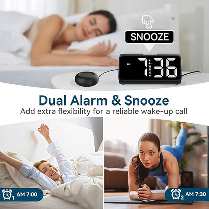 Netzu Loud Alarm Clock for Heavy Sleepers, Plug-in Alarm Clocks with Bed Shaker, 5 Dimmers, 2 Alarms, 4 Volumes and Snooze for Bedrooms Hearing Impaired Deaf Adult (Black and White)