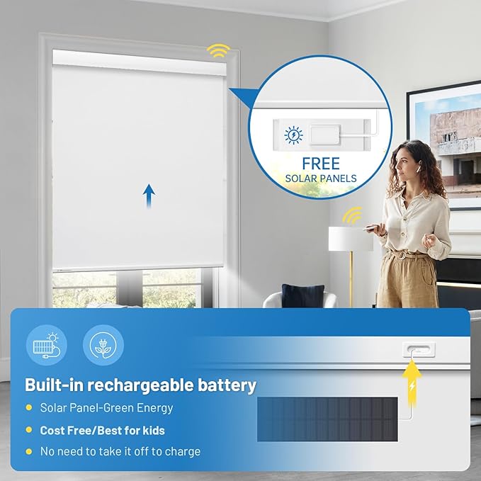 Motorized Blinds with Remote, [Free Solar Panels] Cordless Smart Blinds with Valance Cover, Blackout Electric Automatic Roller Shades for Windows White 22½"W x 72" H