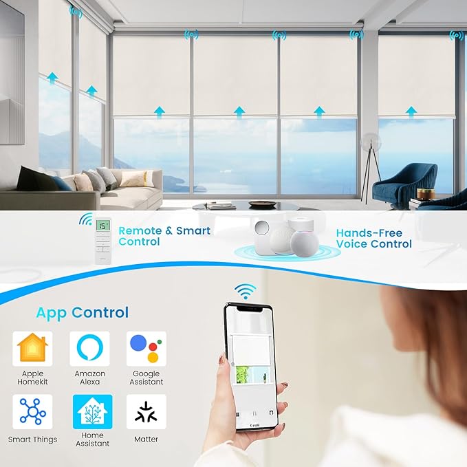 Motorized 100% Blackout Roller Shades – Custom Smart Blinds with Remote Control, Rechargeable Battery or Plug-in Motor, Tuya WiFi Optional, Home & Office Automatic Window Shades (Khaki/CH9392)