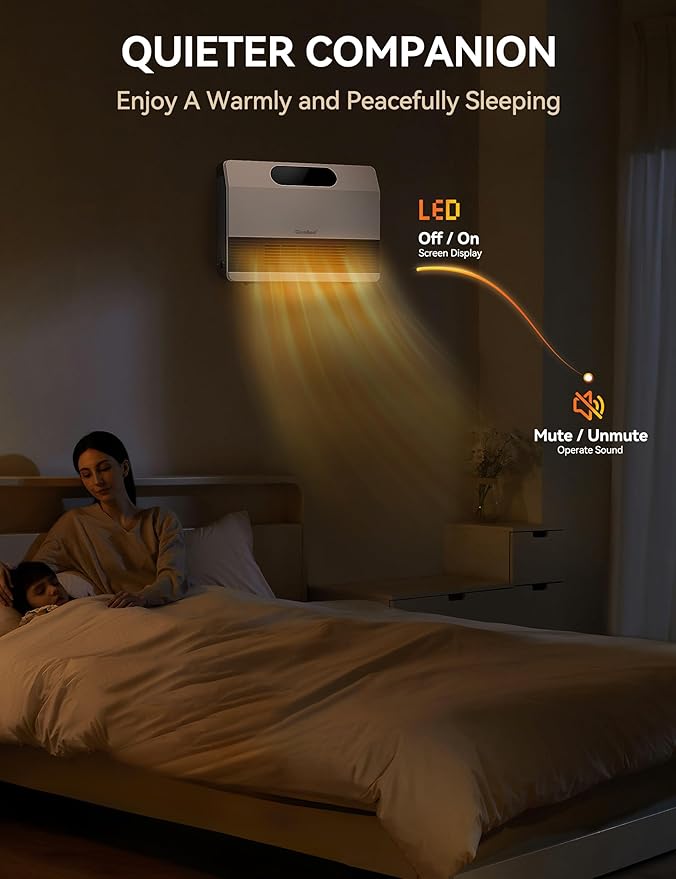 GiveBest Wall Heater, 1500W Electric Space Heater for Bedroom Bathroom with ALCI Plug, Heater with Remote Control for Office Dorm Use, Adjustable Thermostat, 12H Timers, Compatible with Alexa, White