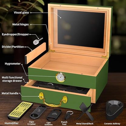 Cigar Humidor Box - Spanish Cedar Small Table Top Humidors for 20-50 Cigars with Accessories and Humidifier - Storage Drawer - Stylish Desktop Cigar Holder for Men - Portable Travel Case Emerald Green