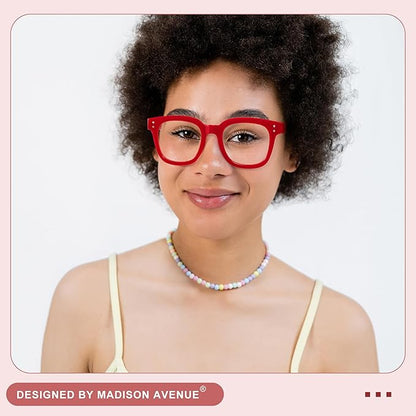 Madison Avenue Blue Light Blocking Glasses Oversized Fashion Blue Light Glasses for Women Anti Eyestrain & UV Protection Computer Eyeglasses (Red)