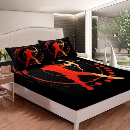 Manfei Archery Fitted Sheet Twin Size, Archery Athletes Silhouette Print Bedding Set 2pcs, Sports Theme Bed Cover with 1 Pillowcase, Kids Boys Teens Room Decor, Soft Bedding(No Top Sheet)