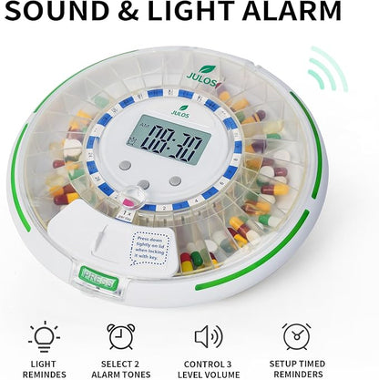 JULOS Locked Automatic Pill Dispenser with Sound & Light Alerts for Elderly, 28-Day Electronic Medication Organizer, up to 6 Alarms/Day, 6 Dosage Rings, Pill Dispenser for Vitamins & More, Clear Lid